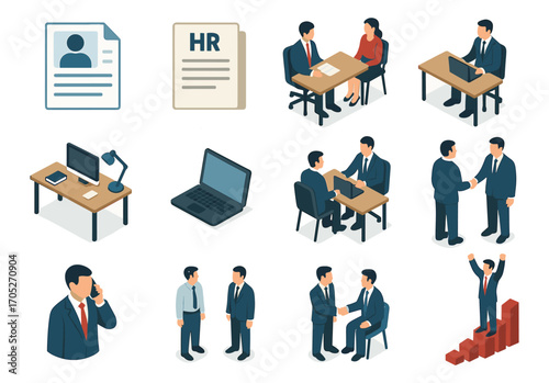 Isometric office scenes: business meetings, hr documents, and technology in the workplace