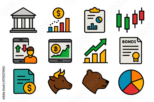Financial icons set: charts, bull, bear, currency, digital trading symbols