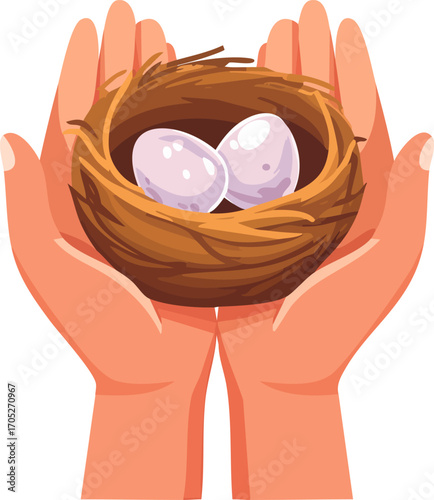 A pair of cupped hands gently holding a bird's nest containing two speckled eggs, symbolizing care and protection.