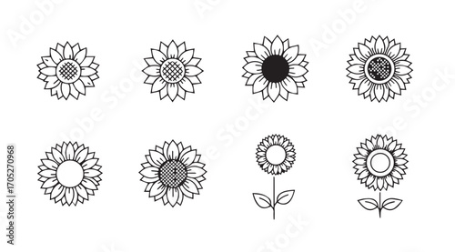 Collection of eight detailed black and white sunflower illustrations in silhouette