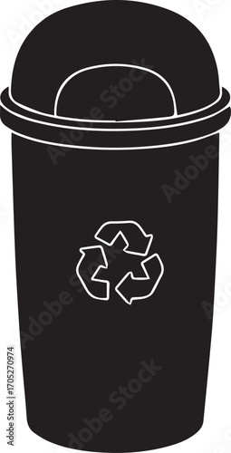 Garbage bin icon isolated on white background. Black trash can sign. Wastebasket symbol. Silhouette of dustbin for rubbish with recycle logo. Waste, litter or refuse box. Stock vector illustration

