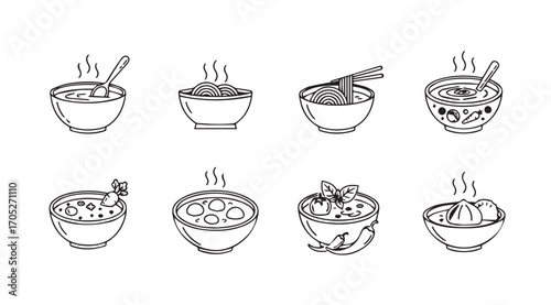 Collection of eight steaming bowls of soup and noodles in a simple sketch silhouette