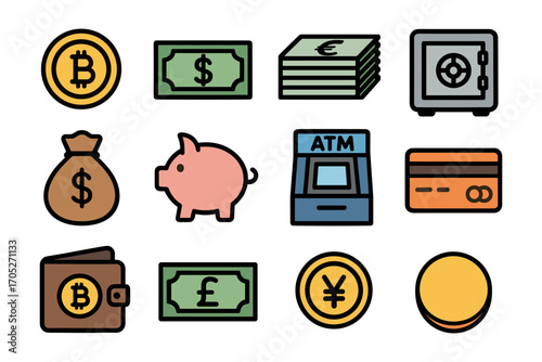 Colorful banking and currency icons with bitcoin and euro symbols