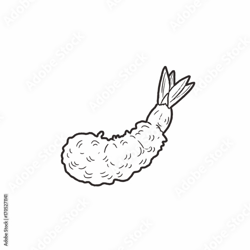 Black and white line drawing of a fried shrimp, tempura style, with visible tail.