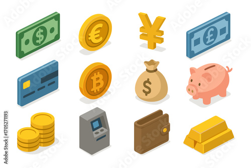 Isometric money and currency icons: wallets, coins, atm, and more for financial themes