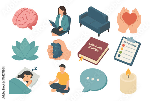 Mental health and wellness: isometric icons for relaxation and mindfulness