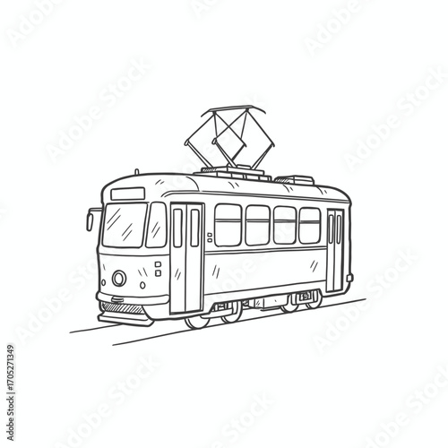 A vintage-style streetcar illustration, detailed line drawing of a classic tram.