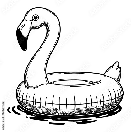 Flamingo Pool Float Toy on Water Black and White Outline Line Art Drawing Vintage Engraving Style