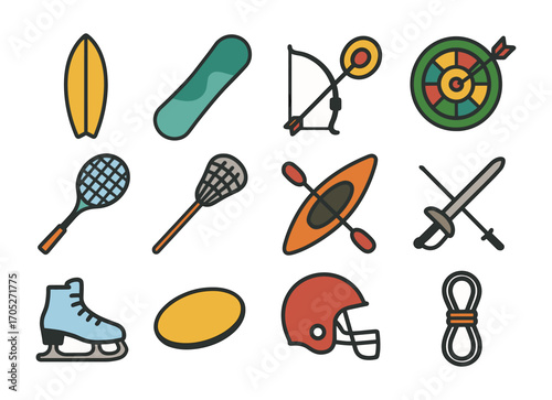 Colorful flat icon set of sports equipment and activities