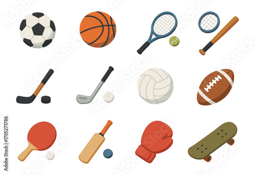 Colorful sports equipment icons: balls, rackets, and sports gear for hobbyists and athletes