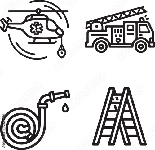 Line Art Icons of Emergency Services and Firefighting Equipment
