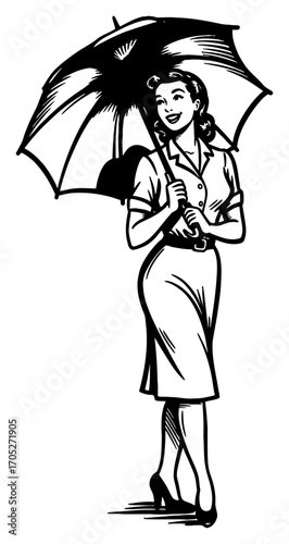 Pinup Vintage Woman Standing with Umbrella Smiling Expression Black and White Outline Line Art Drawing