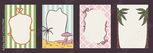 Set of summer exotic vacation whimsical hand-drawn frames with palm and sea, bow aesthetic in trendy, vintage styles. Perfect for quirky holiday, wedding, birthday gift decorations