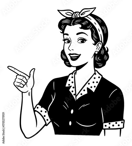 Smiling Retro Caucasian Woman in Pinup Style Pointing with Index Finger Black and White Outline Line Art Drawing
