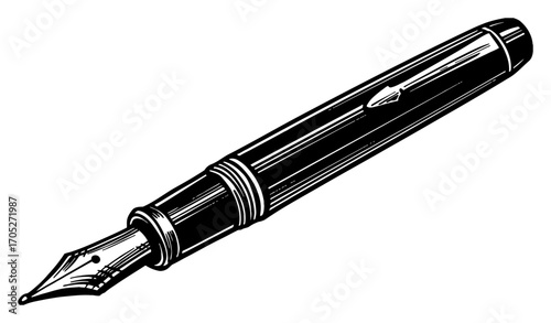Detailed Vintage Fountain Pen Classic Writing Tool Black and White Outline Line Art Drawing