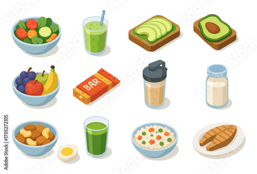 Healthy snack options in isometric design: fresh fruits, smoothies, and protein choices