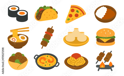Colorful icon set of global cuisine: sushi, tacos, burgers, and more