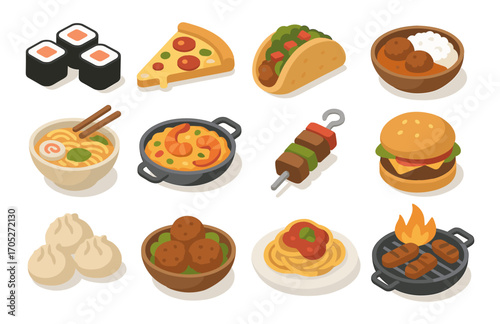 Isometric international cuisine collection featuring popular dishes