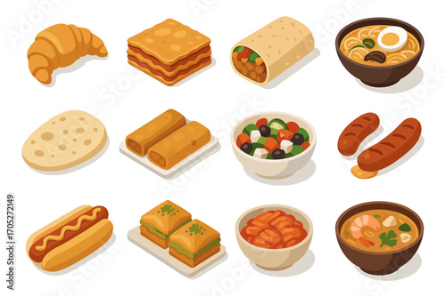 Isometric assorted global cuisine set featuring pastries, rolls, and noodles on a white background