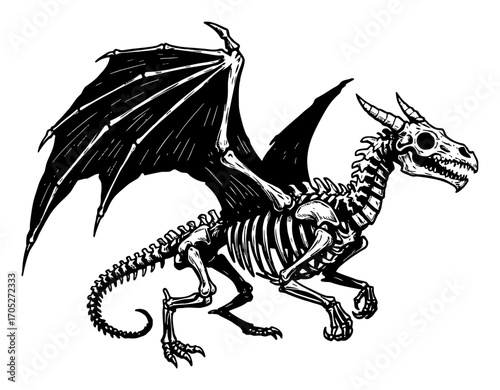 Spooky Skeleton Dragon Running with Wings Black and White Outline Line Art Drawing Vector Illustration