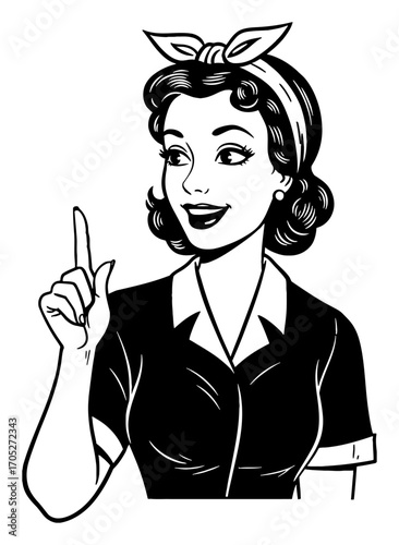 Smiling Retro Caucasian Woman in Pinup Style Pointing Upwards Black and White Outline Line Art Drawing