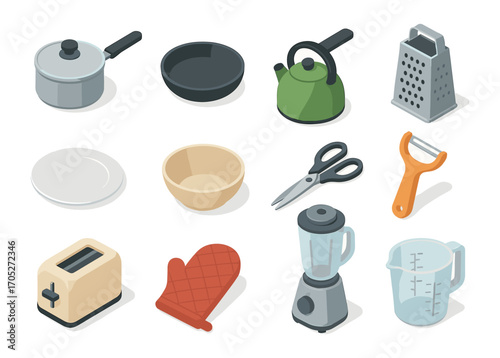 Essential kitchen tools in isometric style for cooking and baking enthusiasts