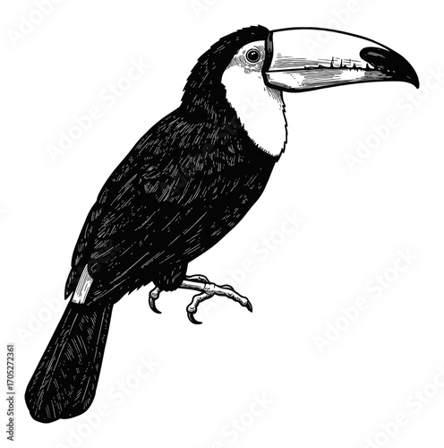 Toucan Full Body Black and White Outline Line Art Drawing Vintage Engraving Style Side View