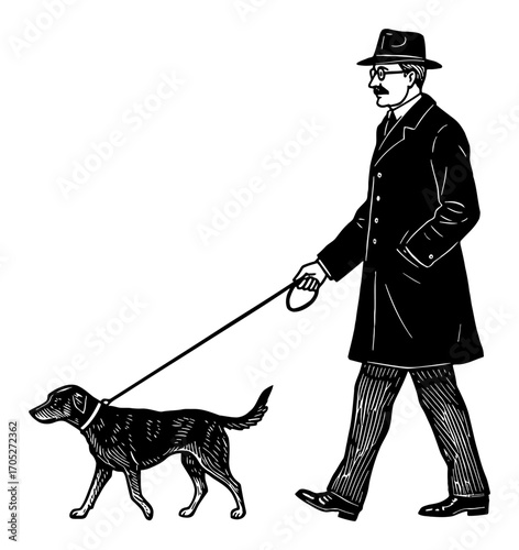 Elegant Vintage Gentleman Walking a Dog on Leash in Classic Black and White Outline Line Art Drawing