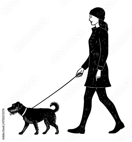 Stylish Woman Walking Her Pet Dog on a Leash Side View Black and White Outline Line Art Drawing Illustration