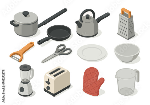 Essential kitchenware in modern isometric design for everyday cooking