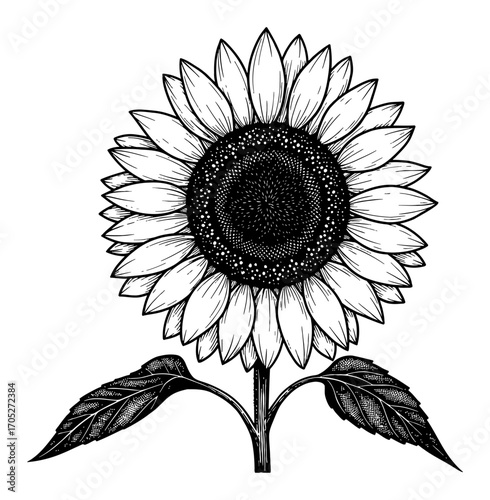 Beautiful Sunflower Botanical Black and White Outline Line Art Drawing with Detailed Petals and Leaves