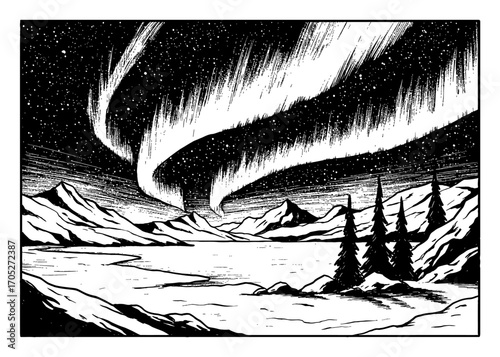 Arctic Landscape with Northern Lights Aurora Black and White Outline Line Art Drawing Coloring Book Style
