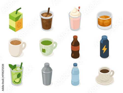 Isometric collection of various beverage icons featuring coffee, tea, juice, and more drinks