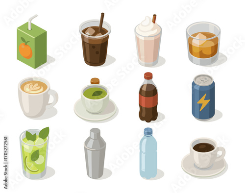Assorted isometric beverages collection: coffee, soda, tea, and more
