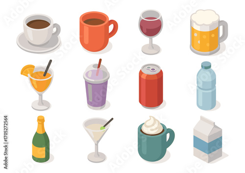 Isometric beverage collection: coffee, tea, wine, cocktails, and more