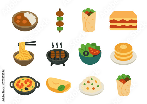 Colorful food icons collection: noodles, pizza, burrito, sushi, and more