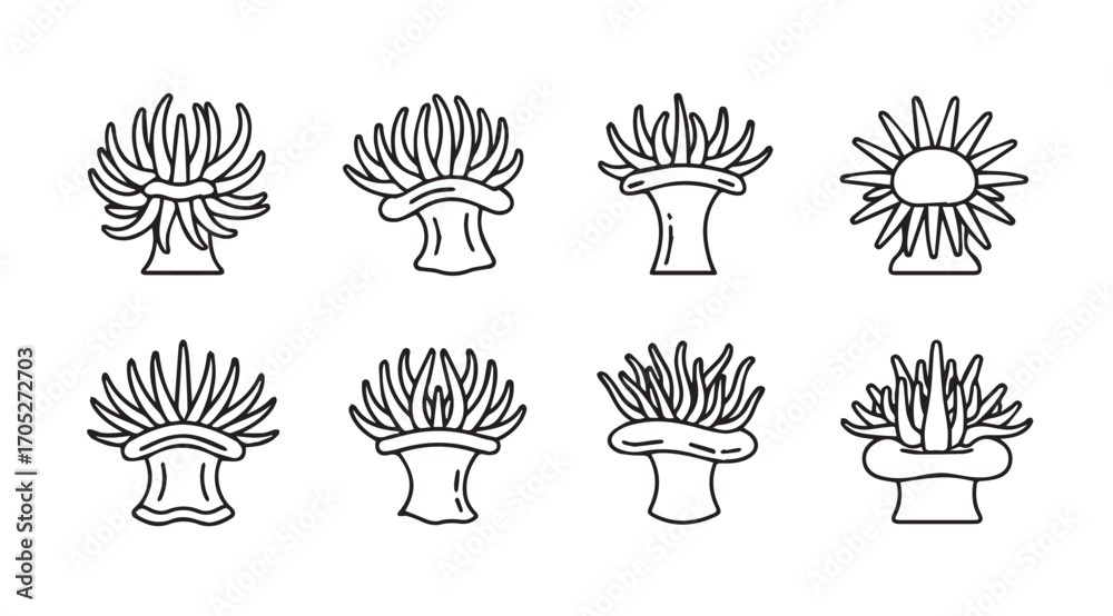 Εκτύπωση καμβά Collection of eight stylized sea anemone silhouettes with detailed tentacles