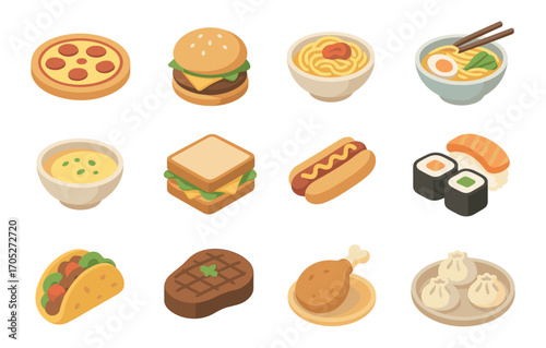 Isometric icons of popular global dishes including sushi, pizza, dumplings, and tacos