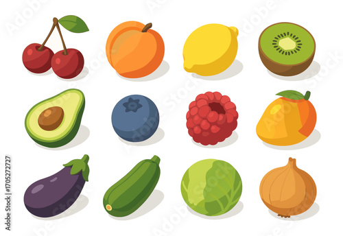 Colorful isometric fruit and vegetable collection on white background