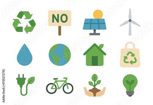 Eco-friendly icons set: renewable energy, recycling, and sustainability symbols