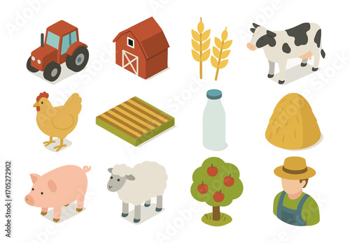 Isometric farm set: tractor, barn, crops, animals, and farmer icons for modern agriculture design