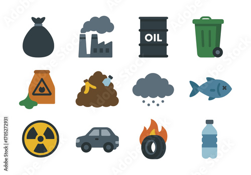 Environmental pollution signs collection featuring waste, toxicity, and industrial icons
