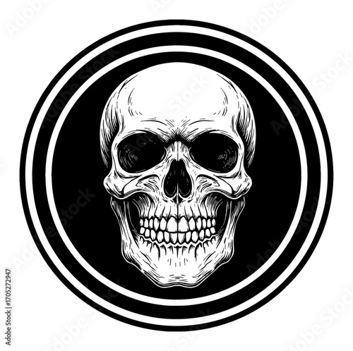 Human Skull with Circular Loop Black and White Outline Line Art Drawing on Dark Background Vintage Engraving