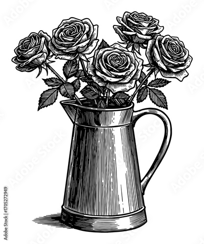 Beautiful Roses Floral Arrangement in a Rustic Pitcher Black and White Outline Line Art Drawing Vintage Engraving Style