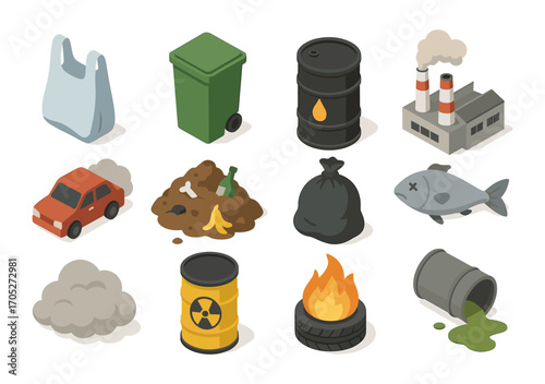 Isometric icons of environmental pollution: waste, emissions, hazardous substances