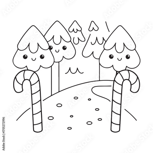 Whimsical Winter Forest with Candy Cane Posts and Cute Trees cartoon kawaii