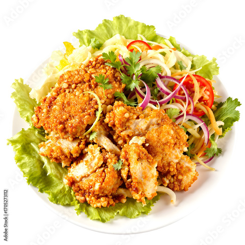 A freshly prepared plate of crispy nut-crusted chicken served over a bed of lettuce with a colorful vegetable salad