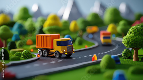 Colorful toy truck drives along winding road in vibrant landscape filled with trees and mountains, creating playful scene