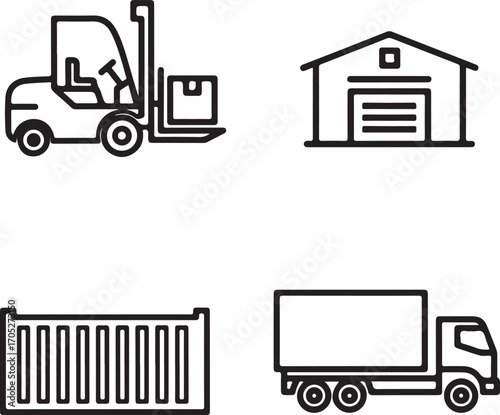 Modern Line Icons: Forklift, Warehouse, Shipping Container, and Delivery Truck for Logistics and Supply Chain