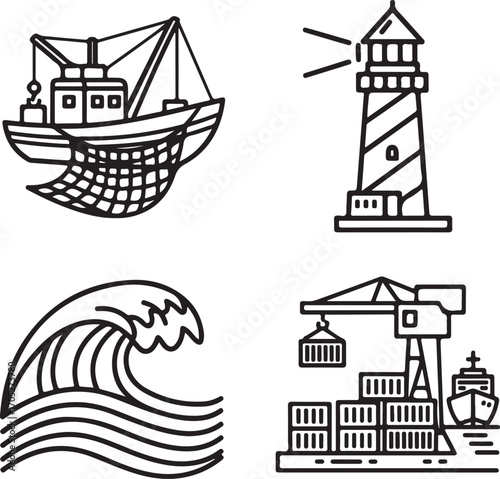 Maritime Line Art Icons: Fishing Boat, Lighthouse, Ocean Wave, and Port Scene